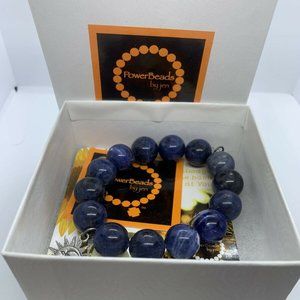 Power Beads Stretchy Bangle Bracelet Blue Beads & Silver Tone Sun/Moon Charm